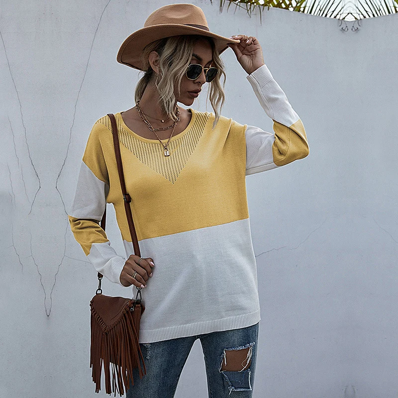 Damen Lockere Strickpullover im Blockmuster mit V‑Ajour‑Detail Nord Taschen