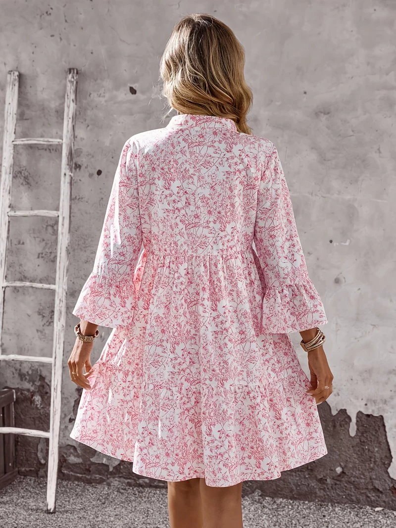 Damen Leichtes Viskose-Tunikakleid mit Blumenprint V-Ausschnitt und Volantärmeln Nord Taschen