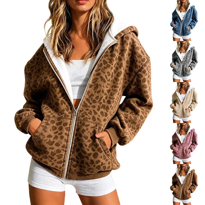 Damen Leicht gefütterte Kapuzen-Zipperjacke im Animalprint mit Kängurutaschen Nord Taschen