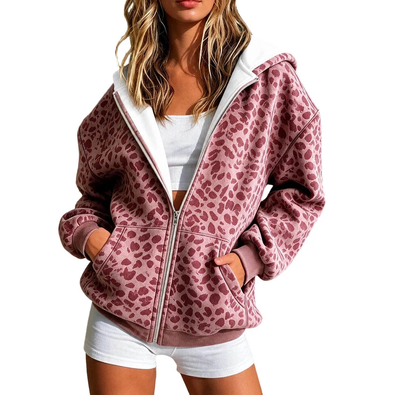 Damen Leicht gefütterte Kapuzen-Zipperjacke im Animalprint mit Kängurutaschen Nord Taschen