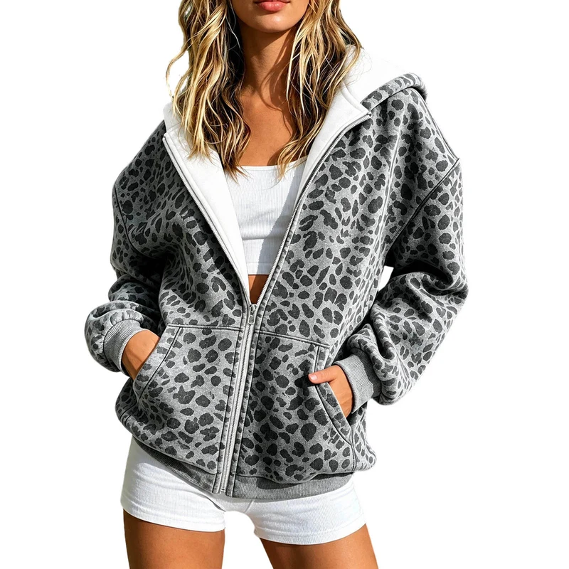 Damen Leicht gefütterte Kapuzen-Zipperjacke im Animalprint mit Kängurutaschen Nord Taschen