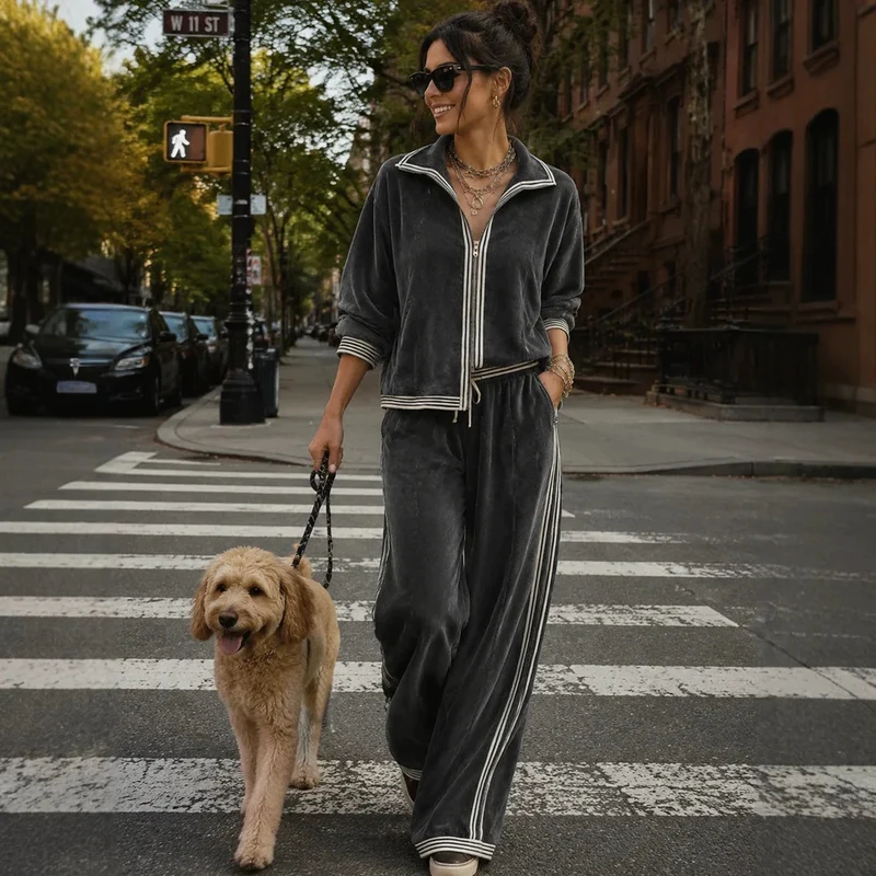 Damen Lässiges Velours-Jogginganzug-Set mit Reißverschluss und Kontraststreifen Nord Taschen