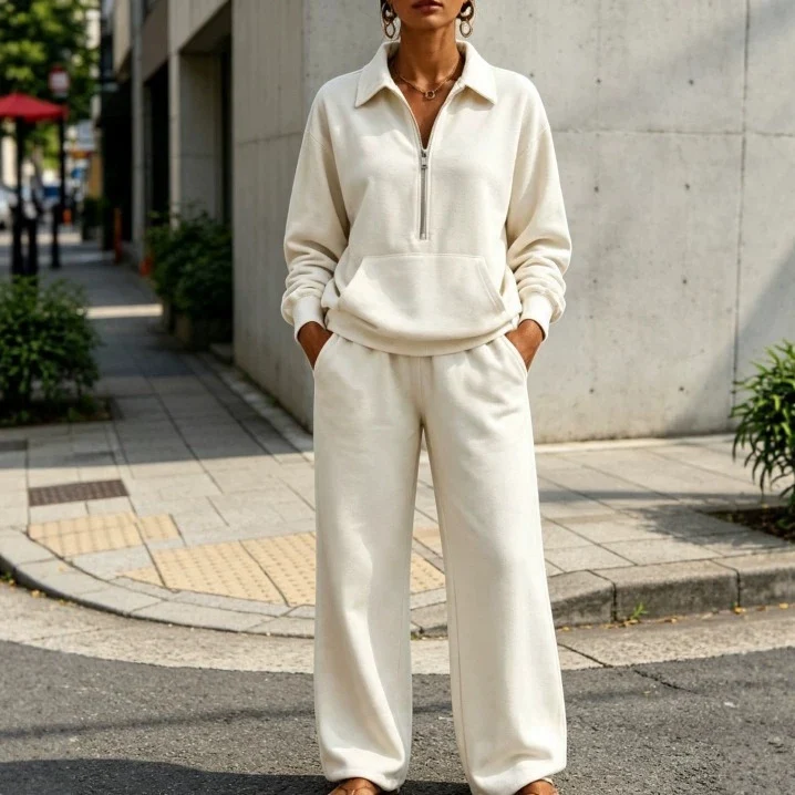 Damen Lässiges Sweat-Set mit Halbzip-Pullover und weiter Jogginghose Nord Taschen