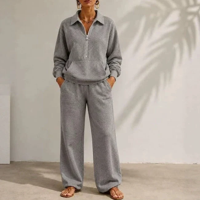 Damen Lässiges Sweat-Set mit Halbzip-Pullover und weiter Jogginghose Nord Taschen