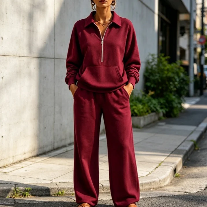Damen Lässiges Sweat-Set mit Halbzip-Pullover und weiter Jogginghose Nord Taschen