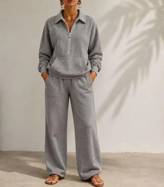 Damen Lässiges Sweat-Set mit Halbzip-Pullover und weiter Jogginghose Nord Taschen