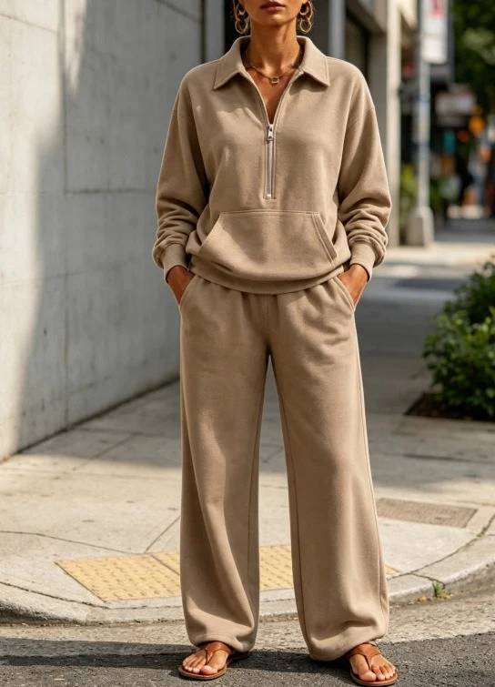 Damen Lässiges Sweat-Set mit Halbzip-Pullover und weiter Jogginghose Nord Taschen