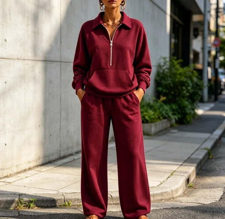 Damen Lässiges Sweat-Set mit Halbzip-Pullover und weiter Jogginghose Nord Taschen
