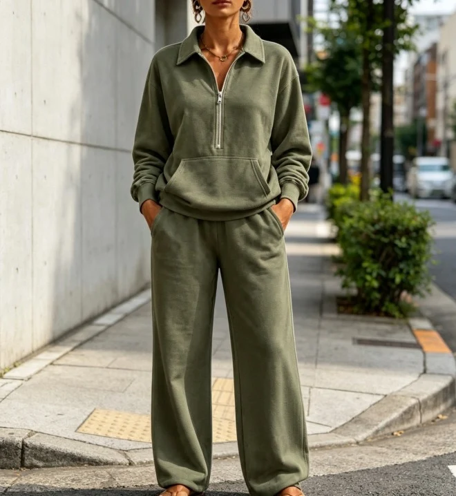 Damen Lässiges Sweat-Set mit Halbzip-Pullover und weiter Jogginghose Nord Taschen