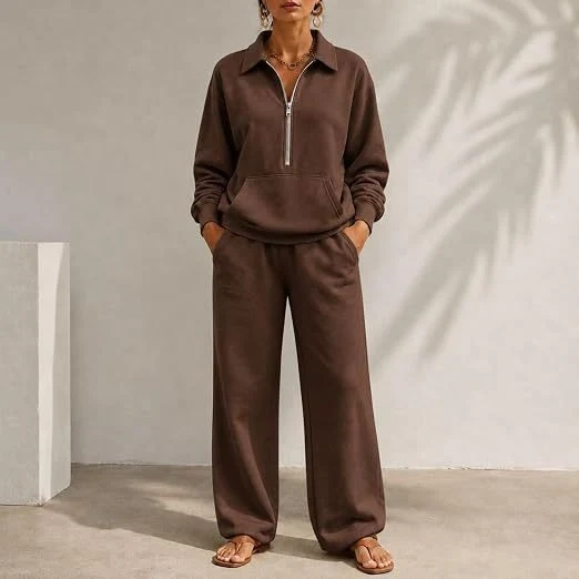 Damen Lässiges Sweat-Set mit Halbzip-Pullover und weiter Jogginghose Nord Taschen