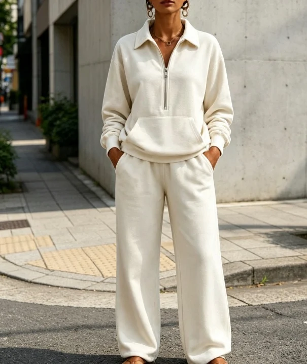 Damen Lässiges Sweat-Set mit Halbzip-Pullover und weiter Jogginghose Nord Taschen