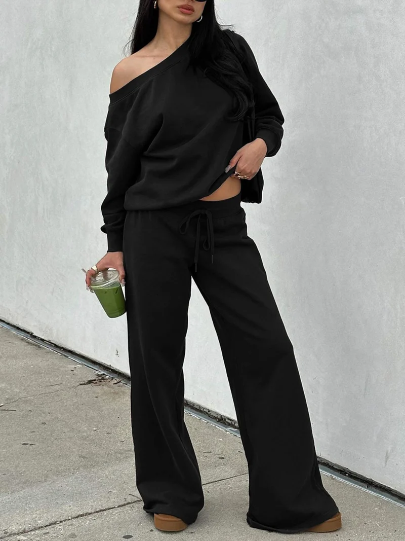 Damen Lässiges Off-Shoulder Lounge-Set aus French-Terry mit weitem Bein und Kordelzug Nord Taschen