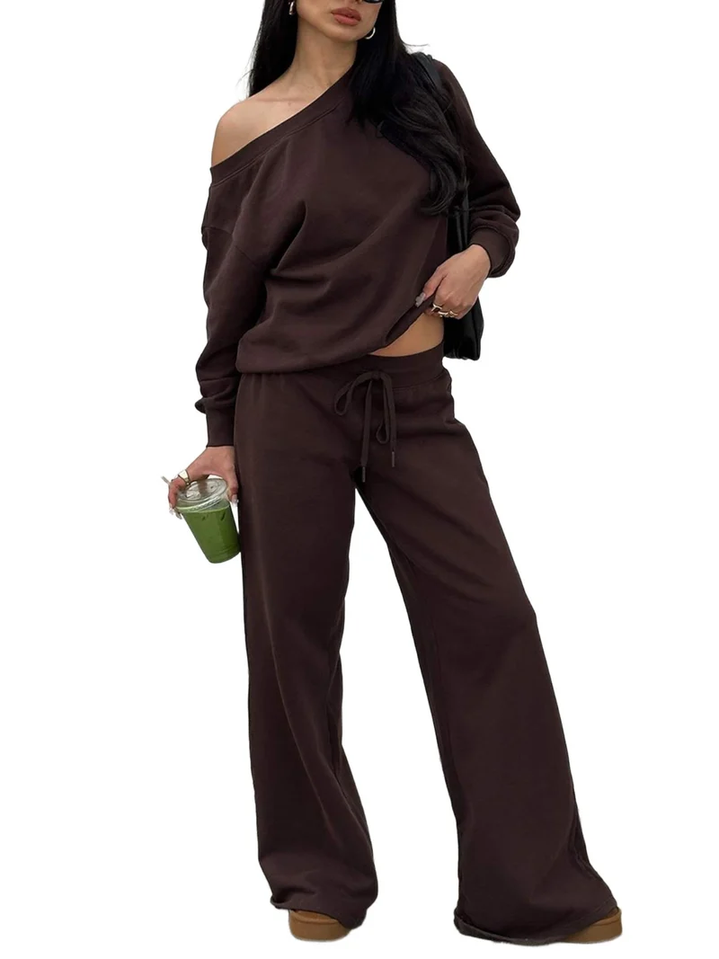 Damen Lässiges Off-Shoulder Lounge-Set aus French-Terry mit weitem Bein und Kordelzug Nord Taschen