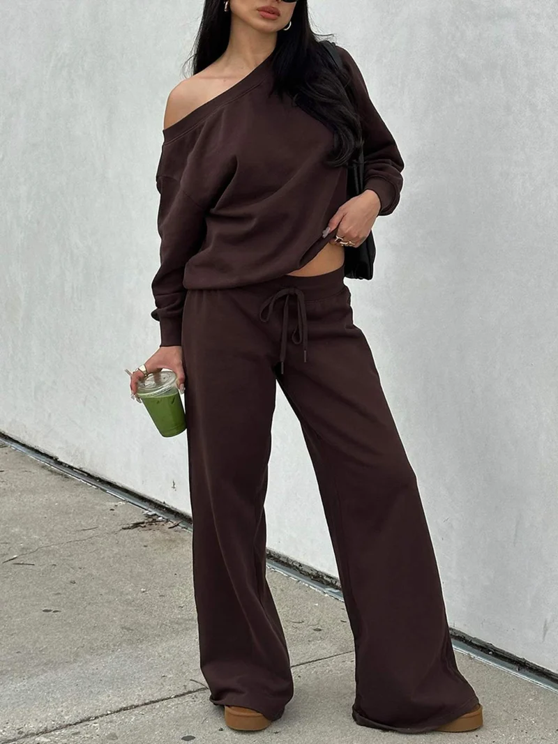 Damen Lässiges Off-Shoulder Lounge-Set aus French-Terry mit weitem Bein und Kordelzug Nord Taschen