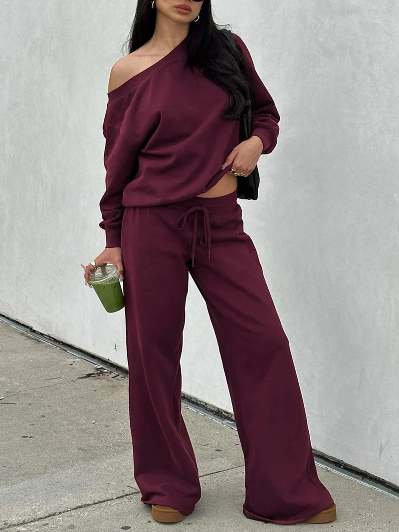 Damen Lässiges Off-Shoulder Lounge-Set aus French-Terry mit weitem Bein und Kordelzug Nord Taschen