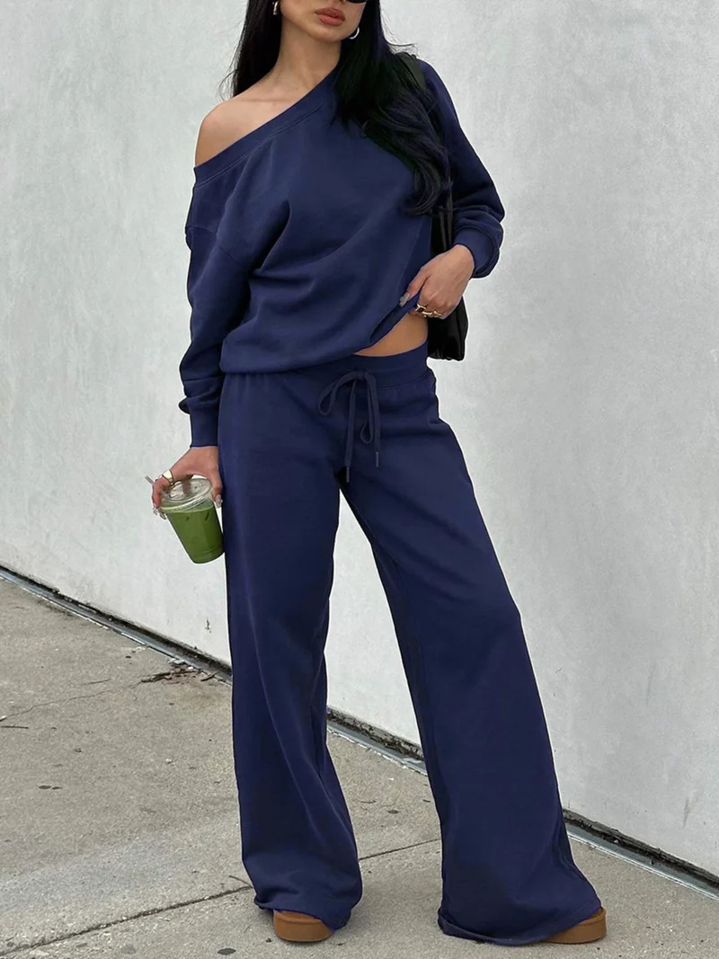 Damen Lässiges Off-Shoulder Lounge-Set aus French-Terry mit weitem Bein und Kordelzug Nord Taschen