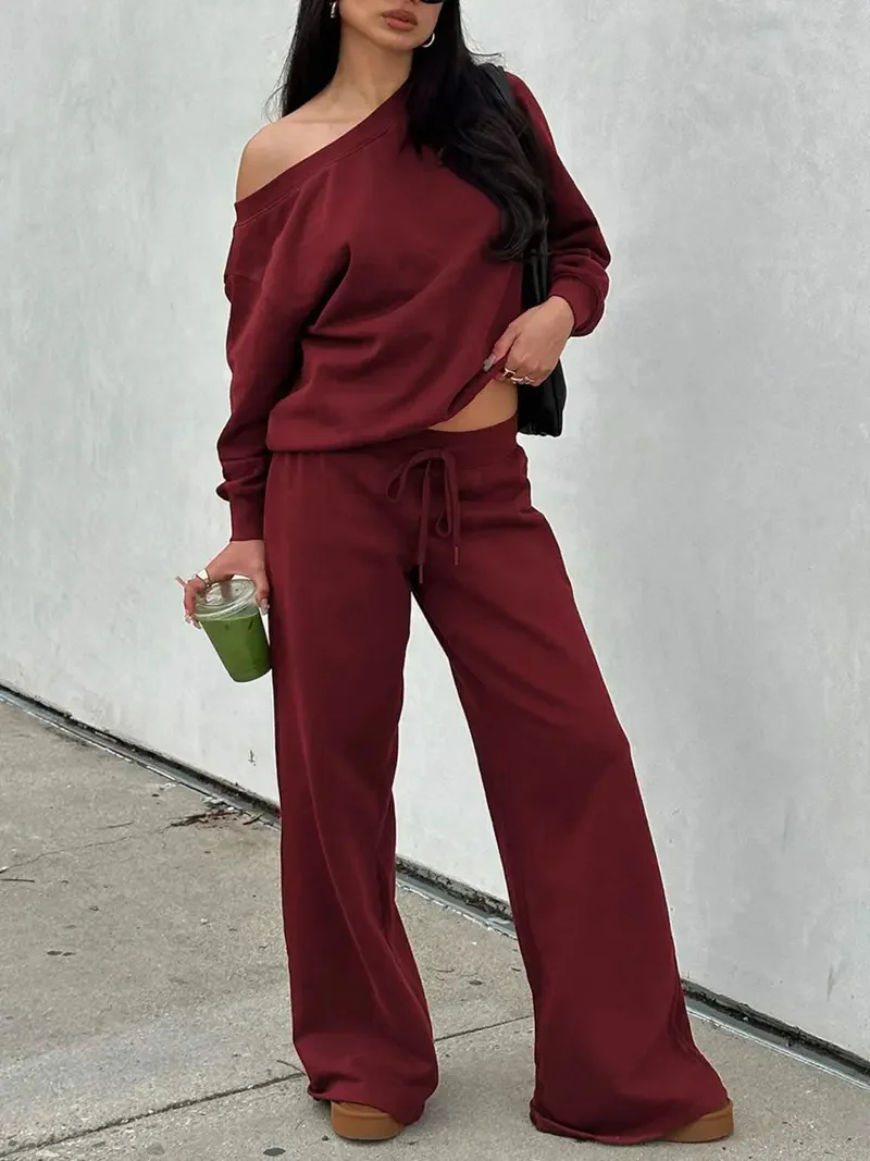 Damen Lässiges Off-Shoulder Lounge-Set aus French-Terry mit weitem Bein und Kordelzug Nord Taschen