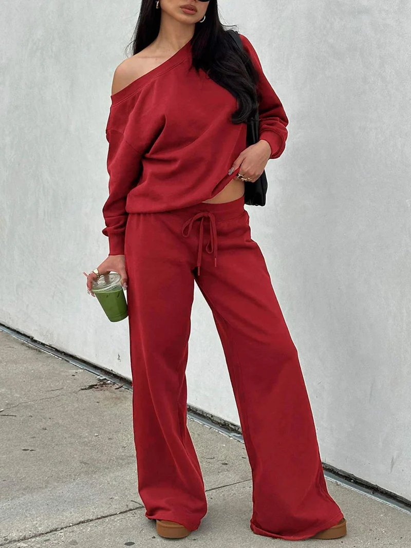 Damen Lässiges Off-Shoulder Lounge-Set aus French-Terry mit weitem Bein und Kordelzug Nord Taschen
