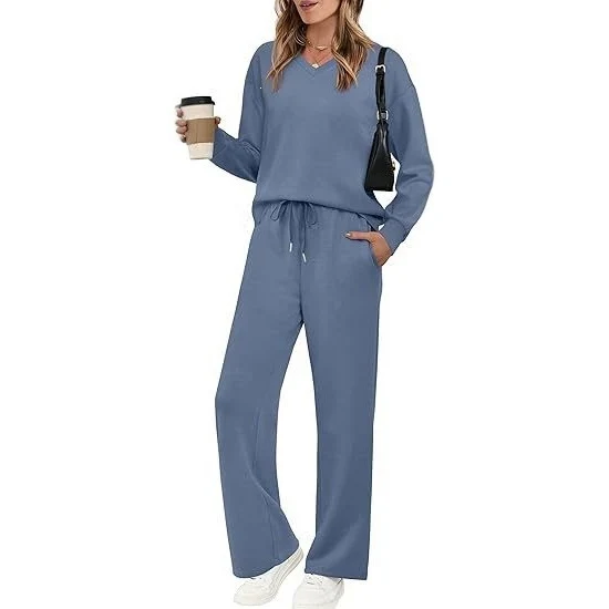 Damen Lässiges Lounge-Set mit V-Ausschnitt-Sweatshirt und weiten Tunnelzug-Hosen Nord Taschen
