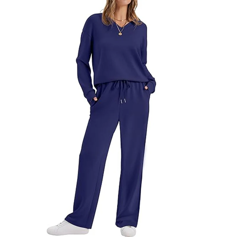 Damen Lässiges Lounge-Set mit V-Ausschnitt-Sweatshirt und weiten Tunnelzug-Hosen Nord Taschen