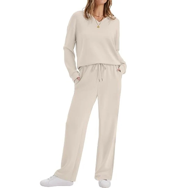 Damen Lässiges Lounge-Set mit V-Ausschnitt-Sweatshirt und weiten Tunnelzug-Hosen Nord Taschen