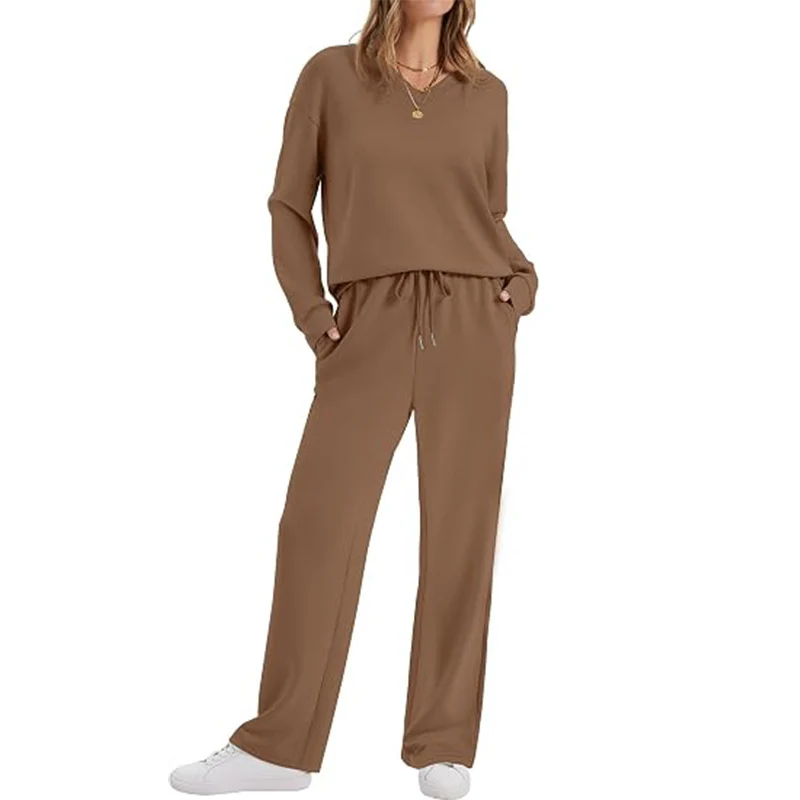 Damen Lässiges Lounge-Set mit V-Ausschnitt-Sweatshirt und weiten Tunnelzug-Hosen Nord Taschen