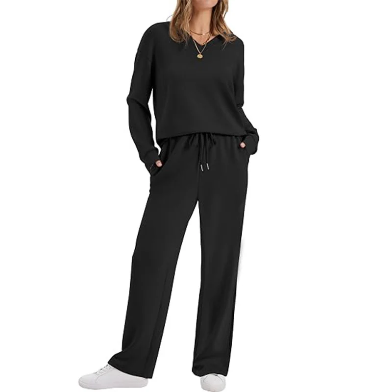 Damen Lässiges Lounge-Set mit V-Ausschnitt-Sweatshirt und weiten Tunnelzug-Hosen Nord Taschen