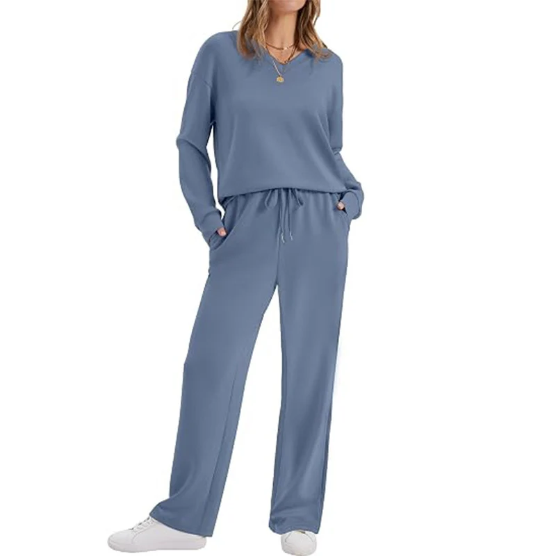 Damen Lässiges Lounge-Set mit V-Ausschnitt-Sweatshirt und weiten Tunnelzug-Hosen Nord Taschen