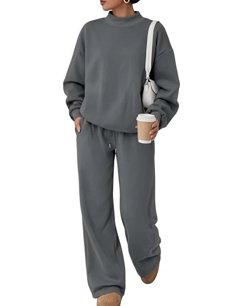 Damen Lässiges Lounge-Set mit hohem Stehkragen und weiter Jogginghose Nord Taschen