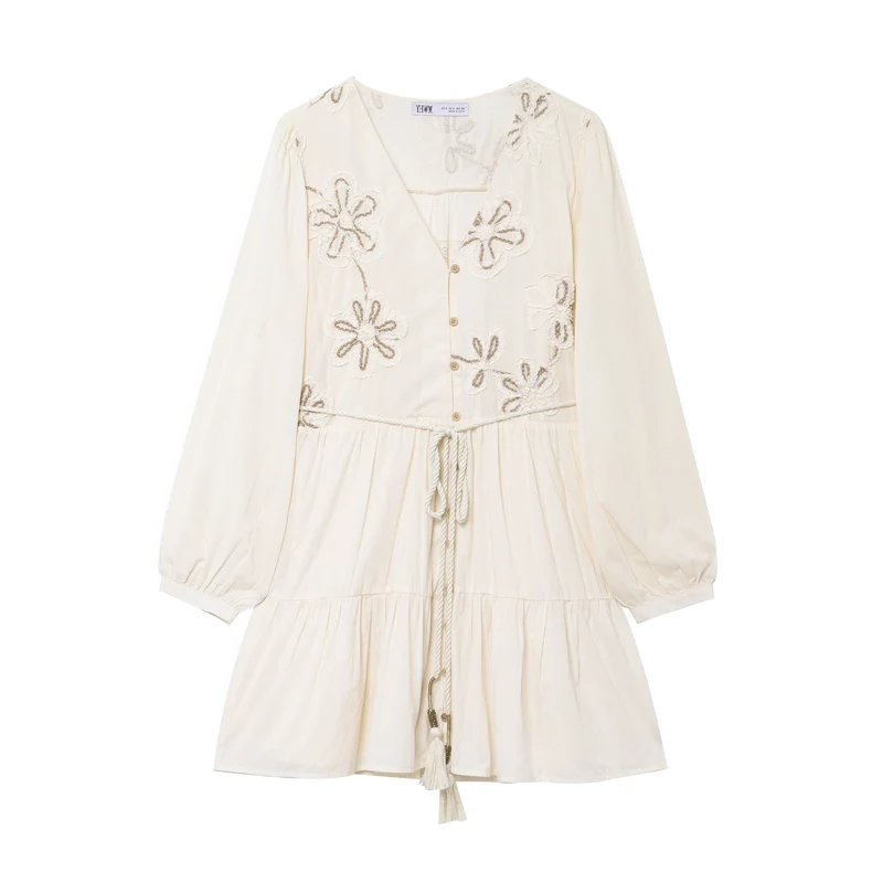 Damen Besticktes Boho-Kleid mit V-Ausschnitt Kordelzug und Stufenrock Nord Taschen