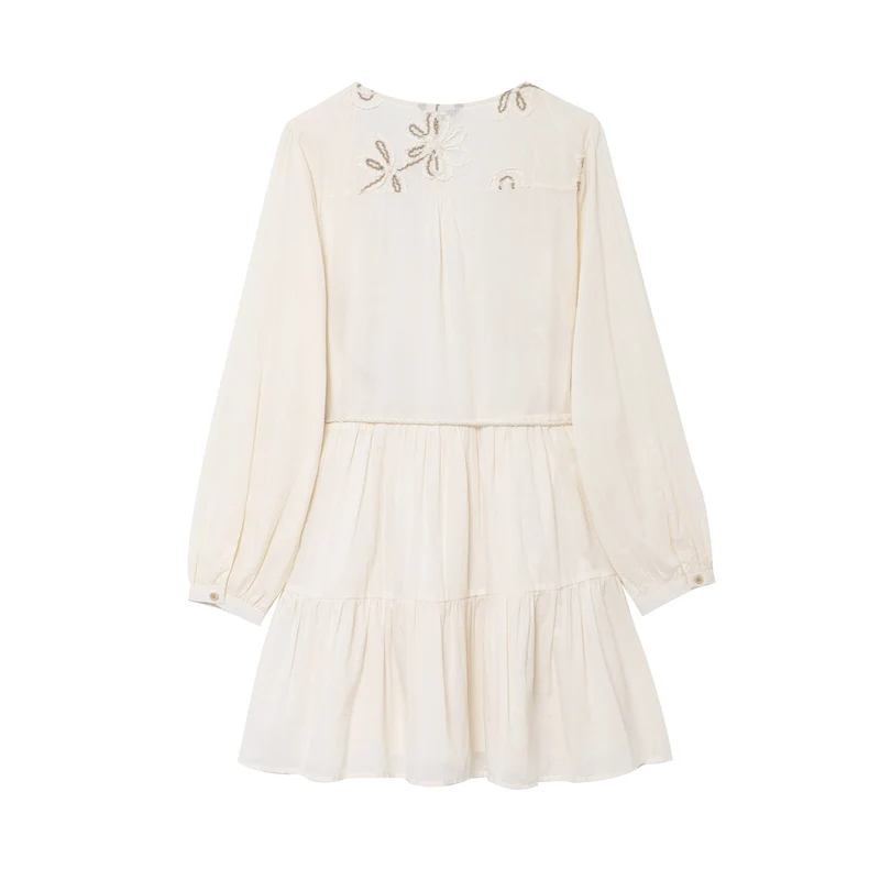 Damen Besticktes Boho-Kleid mit V-Ausschnitt Kordelzug und Stufenrock Nord Taschen