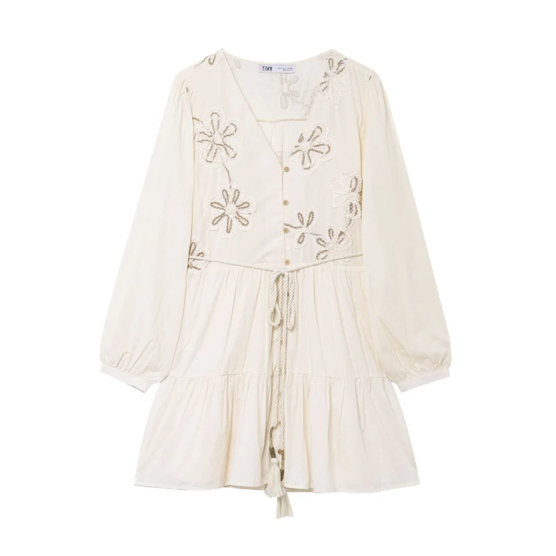 Damen Besticktes Boho-Kleid mit V-Ausschnitt Kordelzug und Stufenrock Nord Taschen