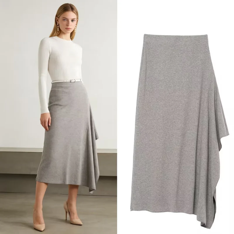 Damen Asymmetrischer Midirock aus Feinstrick mit drapiertem Seitenschlitz Nord Taschen