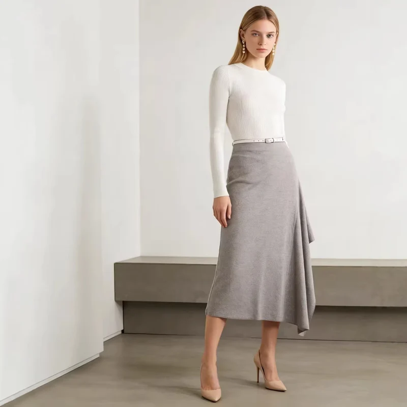 Damen Asymmetrischer Midirock aus Feinstrick mit drapiertem Seitenschlitz Nord Taschen