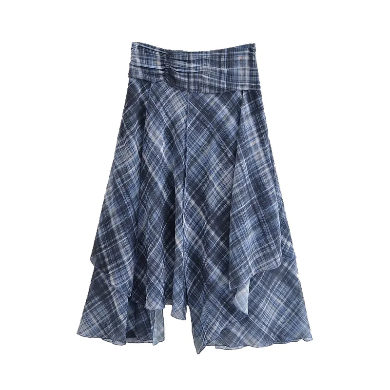 Damen Asymmetrischer mehrlagiger Midirock aus Chiffon mit weitem Taillenbündchen und Karomitternung Nord Taschen