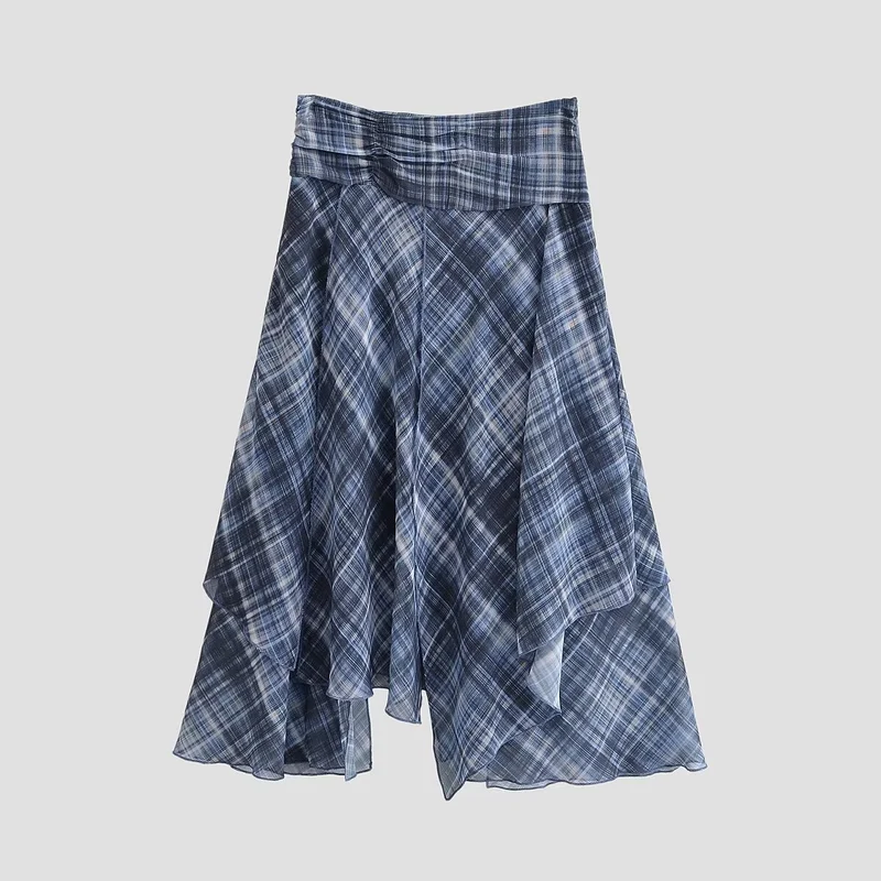 Damen Asymmetrischer mehrlagiger Midirock aus Chiffon mit weitem Taillenbündchen und Karomitternung Nord Taschen