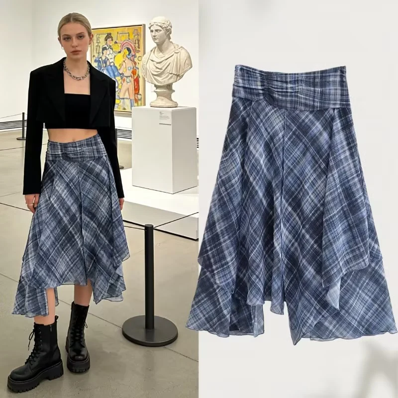 Damen Asymmetrischer Lagenrock mit hohem Falzgürtel und kariertem Chiffon Nord Taschen