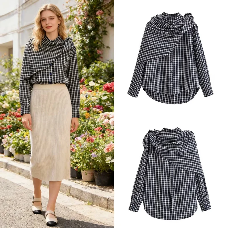 Damen Asymmetrische Karo-Hemdbluse mit integriertem Schal-Tuch und Knopfleiste Nord Taschen