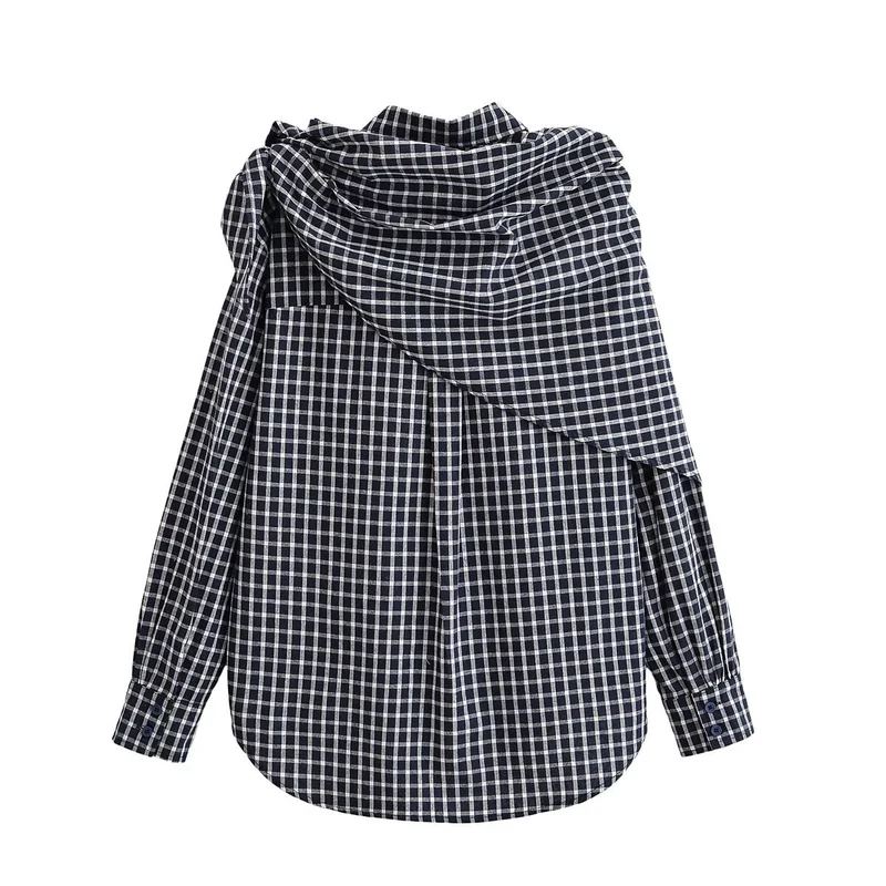 Damen Asymmetrische Karo-Hemdbluse mit integriertem Schal-Tuch und Knopfleiste Nord Taschen