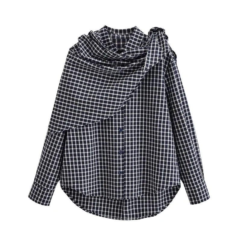 Damen Asymmetrische Karo-Hemdbluse mit integriertem Schal-Tuch und Knopfleiste Nord Taschen