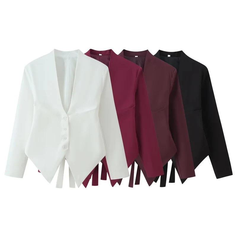 Damen Asymmetrische Blazerjacke mit tiefem V-Ausschnitt und spitzem Saum Nord Taschen