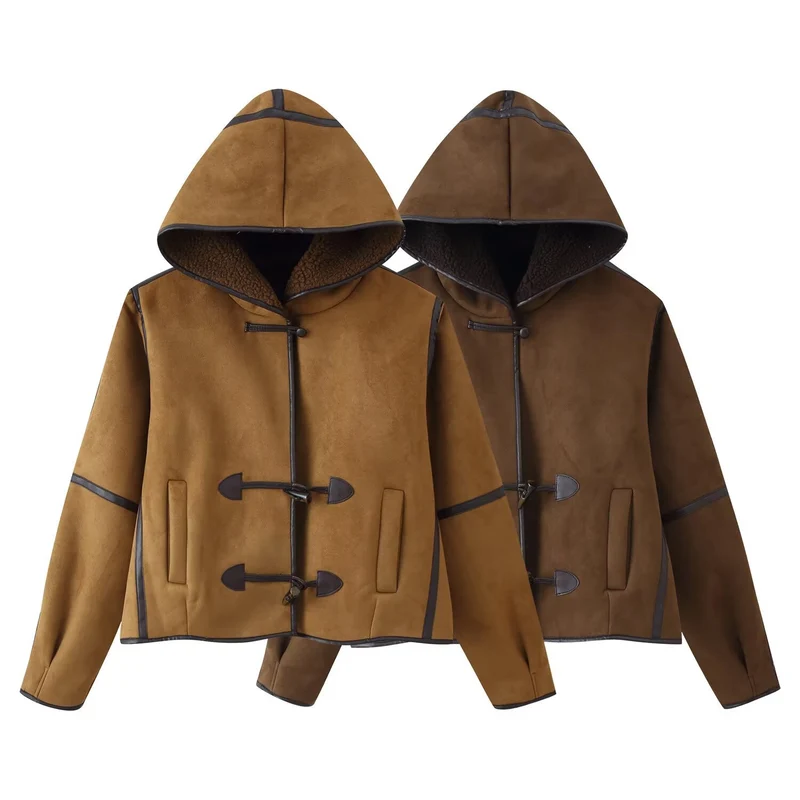 Damen Kurze Kapuzen-Lammfellimitat-Dufflejacke mit Knebelverschlüssen Nord Taschen