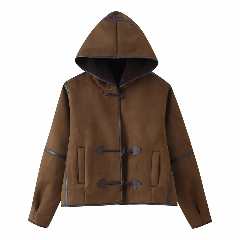 Damen Kurze Kapuzen-Lammfellimitat-Dufflejacke mit Knebelverschlüssen Nord Taschen