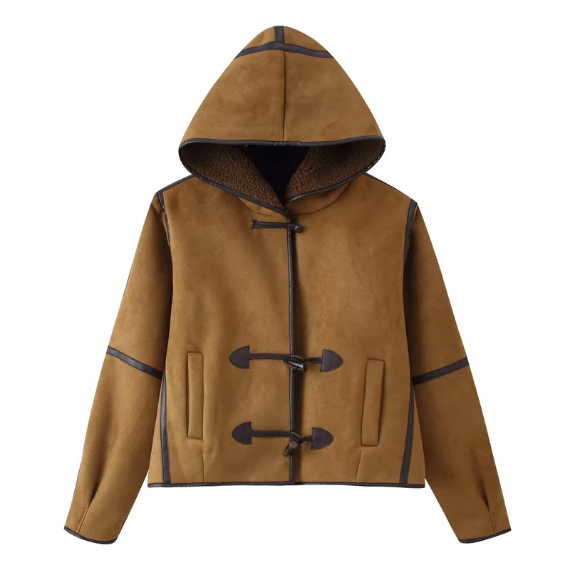 Damen Kurze Kapuzen-Lammfellimitat-Dufflejacke mit Knebelverschlüssen Nord Taschen