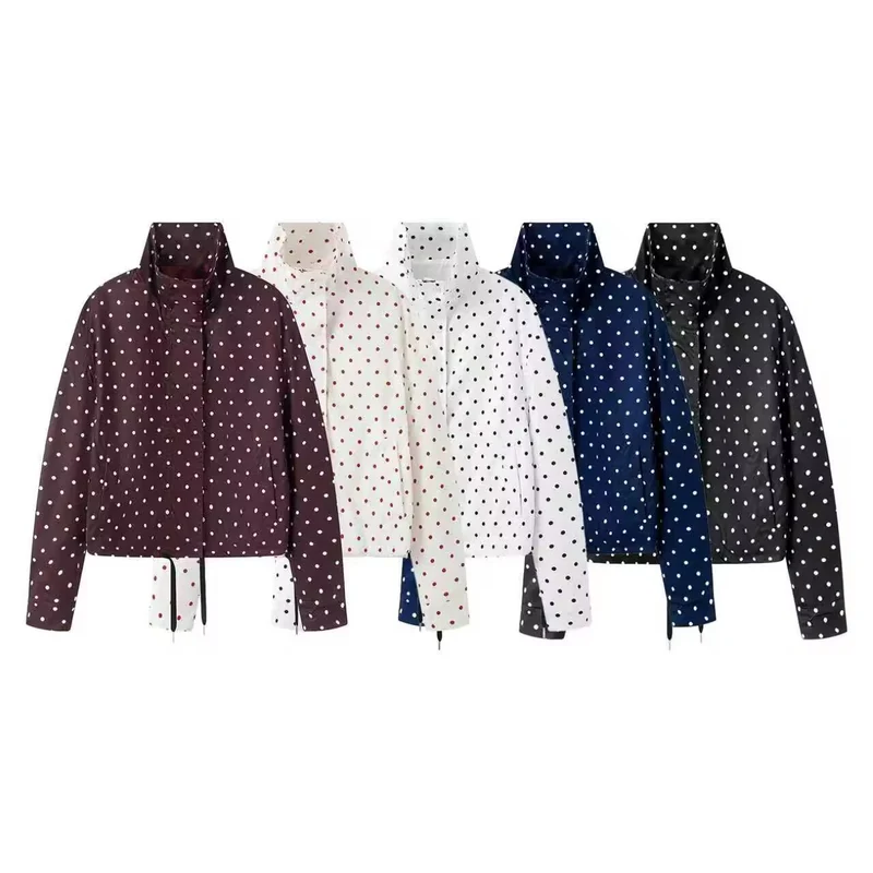 Damen Kurze gepunktete Regenjacke mit Stehkragen und Kordelzug Nord Taschen