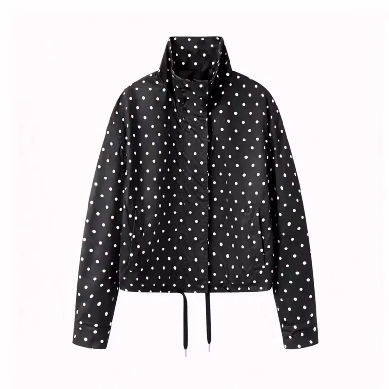 Damen Kurze gepunktete Regenjacke mit Stehkragen und Kordelzug Nord Taschen
