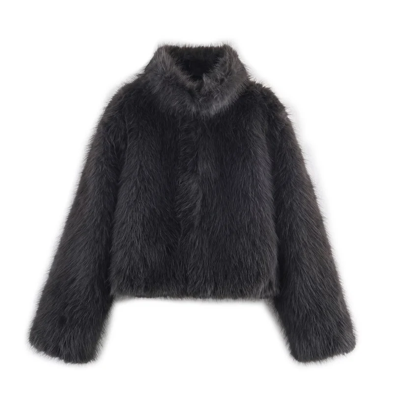Damen Kurze Faux‑Fur‑Jacke mit Stehkragen und Boxy‑Schnitt Nord Taschen