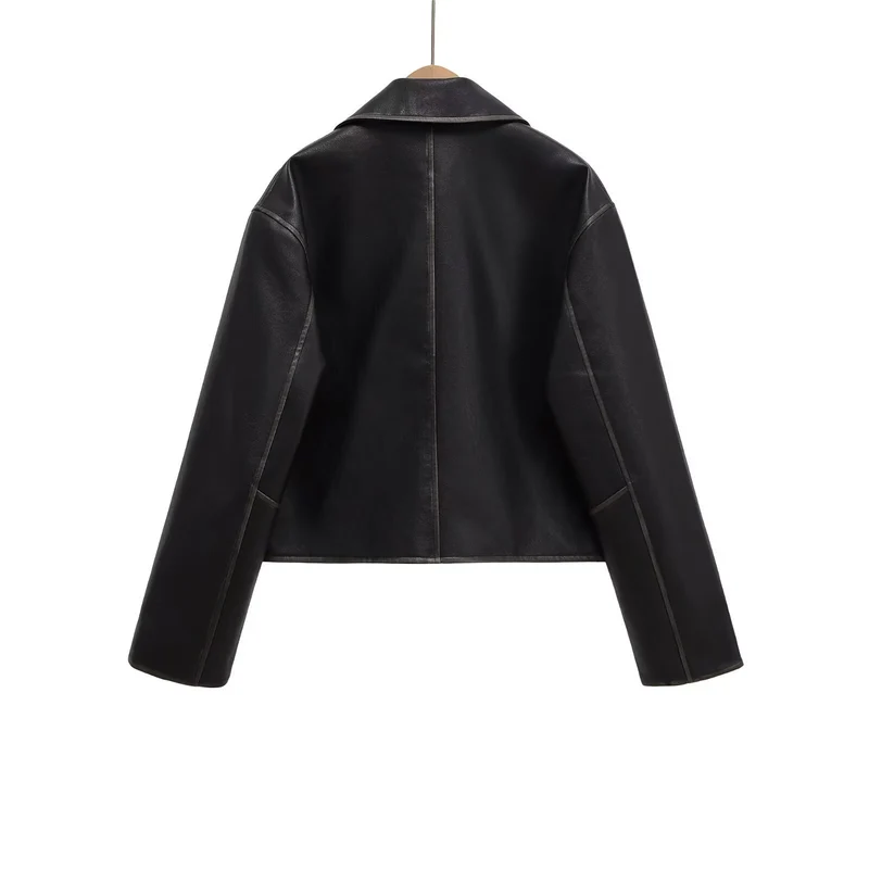 Damen Kurze Boxy-Lederoptik-Jacke mit Reißverschluss und großen Pattentaschen Nord Taschen