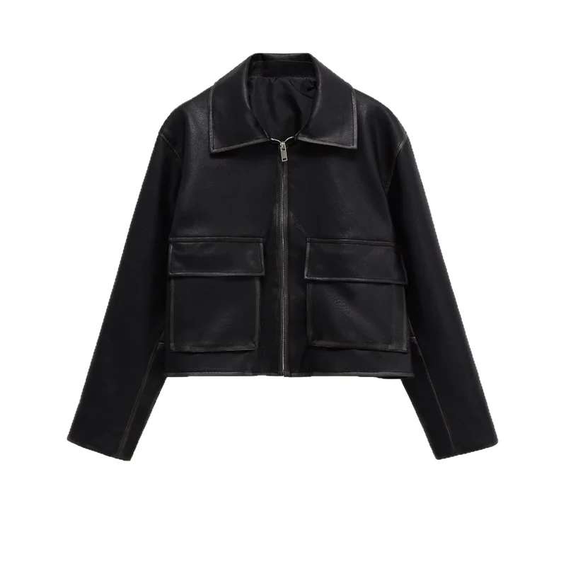 Damen Kurze Boxy-Lederoptik-Jacke mit Reißverschluss und großen Pattentaschen Nord Taschen