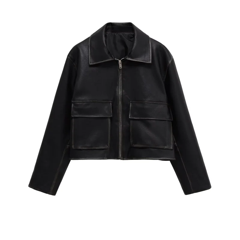 Damen Kurze Boxy-Lederoptik-Jacke mit Reißverschluss und großen Pattentaschen Nord Taschen